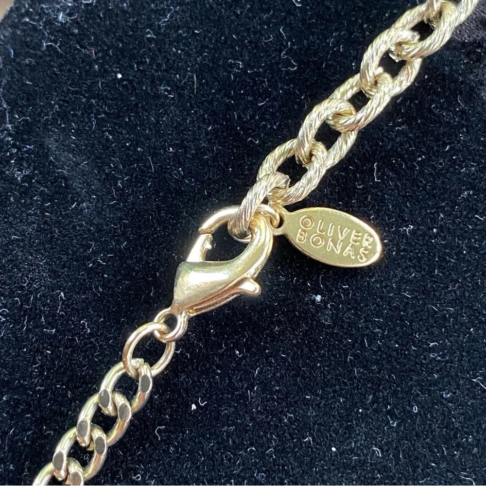 Oliver Bonas Gold Tone Pink Floral Pendant Necklace - Picture 4 of 8